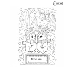 Illustration av två pingviner i vinterlandskap omgivet av hjärtan